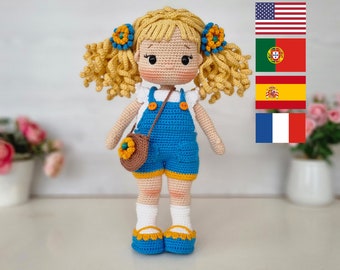 Gehaakt Amigurumi-poppatroon, Amigurumi-tutorial, Engels, Português, Español, Français Nelly-pop met salopette-kleding, video ondersteund