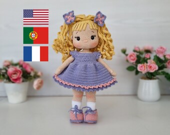 Modèle de poupée au crochet Nelly, Modèle de poupée Amigurumi, Tutoriel Amigurumi, English, Français, Português, Pattern Pdf