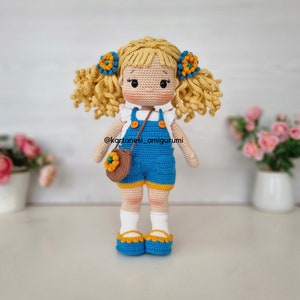 Crochet Amigurumi Doll Pattern, Amigurumi Tutorial, English, Português, Español, Français Nelly Doll With Salopette Clothes, Video supported image 6