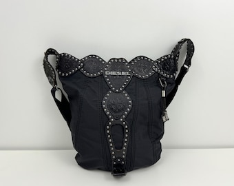 Vintage Diesel Studded Shoulder Bag Y2K Embossed Nylon Black Women's