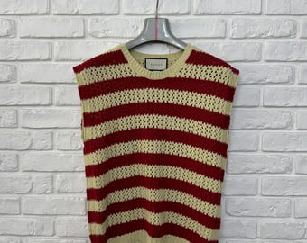 Men's Gucci Lace Stitched Striped Wool Vest Sweater Sleeveless Solid Casual Beige/Red Size XS-S
