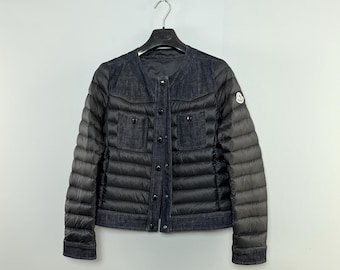 Women's Moncler Ambert Down Jacket Puffer Denim Trimmed Dark Navy Size 3