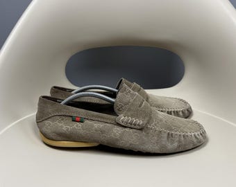 Vintage Men's Gucci Suede GG Monogram Loafers Flats Olive Gray Size 8