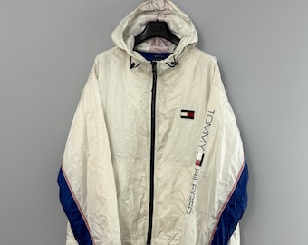 Vintage Men's Tommy Hilfiger Nylon Jacket Hooded Windrunner Big Logo Size XL