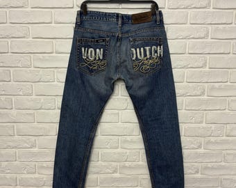 Vintage Men's Von Dutch Denim Pants Jeans Big Logo Washed Navy Blue Size 31