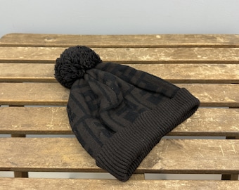Authentic Fendi Zucca Monogram Wool Pompon Hat Beanie Black Brown Unisex Small