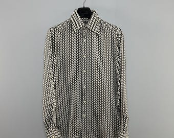 Vintage Men's Valentino Optical Print Silk Shirt Button Front Monogram Size 40