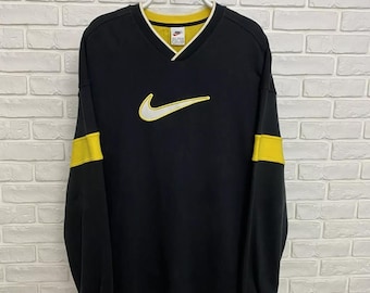 Vintage Men's Nike Sweatshirt V-Neck Center Logo Swoosh Black Y2K Hype Size XL