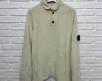 Vintage 90s Stone Island 1998 Chenille Knit Pullover Cream White Sweater Size L