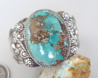 LARGE Vintage Green Turquoise Navajo Coin Silver Bracelet Cuff 67.4 grams