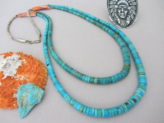 Necklace, Natural Stone, Orange Spiny Oyster & Turquoise Heishi, Doubl