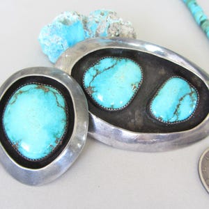 HUGE 3.5&quot; Blue Turquoise Belt Buckle and 2 1/8th&quot; Bolo Cowboy Tie Slide Navajo Signed Shadowbox Sterling Silver Vintage Set
