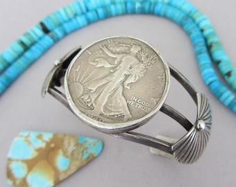 1940 Walking Liberty Coin Half Dollar Vintage Coin Silver 6 1/8" Bracelet Cuff 43.3 grams