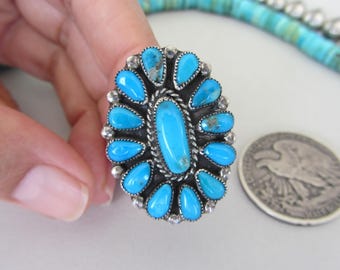 Vintage Blue Turquoise Cluster A:shiwi Zuni Signed V.M.B. Sterling Silver Ring size 6.25