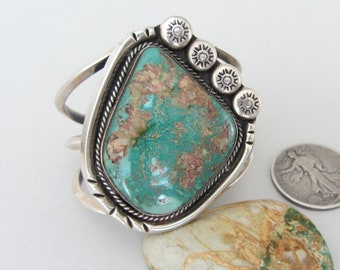 LARGE Dark Green Turquoise Navajo Sterling Silver Heavy 6.25" Bracelet Cuff