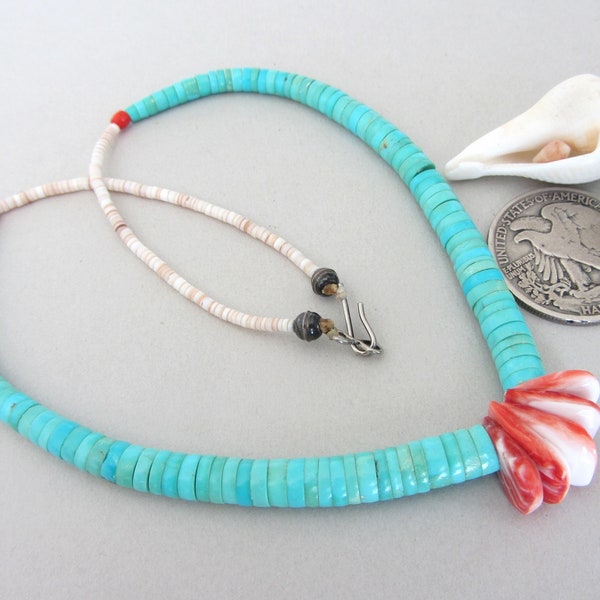 Vintage Kewa Bright Turquoise Heishi Spiny Oyster and Shell Sterling Silver Bead Jacla Style Necklace