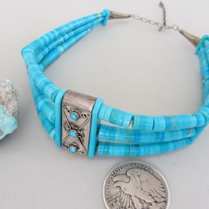 Vintage Navajo Blue Arizona Turquoise Heishi Sterling Silver Choker 16&quot; Necklace
