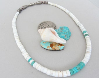 1980's Turquoise Shell Heishi Disc Sterling Silver Bench Bead Navajo Vintage Choker