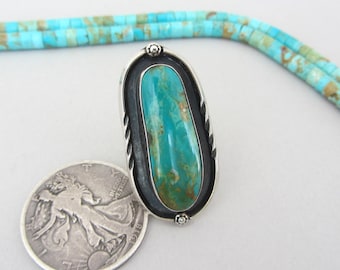 Long 1.75" Navajo Dark Teal Turquoise Sterling Silver Ring 11.6 grams