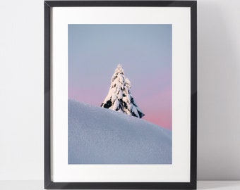 Snowy fir tree Fine Art Prints, White Minimalist Print, Modern Scandinavian Wall Decor, Landscape Alps Photography, Modern home design