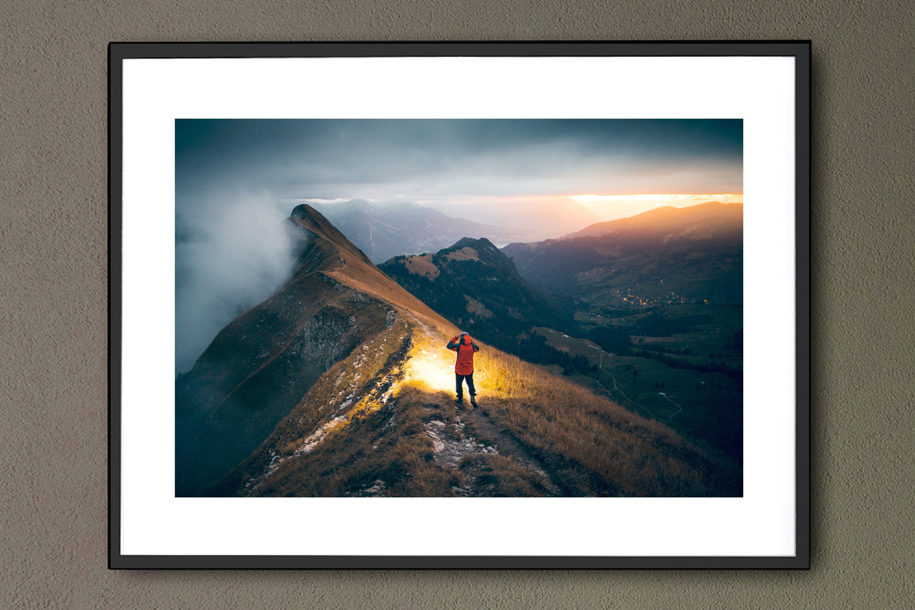 Couché de Soleil Tirage d'art, Poster Montagne, Vacance Suisse, Décoration Mural Dorée, Photographie