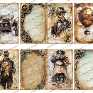 K&ouml;nnte beinhalten: Ein Satz von acht Scrapbook-Seiten im Vintage-Stil mit Steampunk-Thema. Die Seiten zeigen verschiedene Bilder, darunter ein Auto, einen Hei&szlig;luftballon, eine Uhr und eine Frau mit einem Zylinder. Die Seiten sind mit Zahnr&auml;dern, Zahnr&auml;dern und anderen Steampunk-Elementen verziert.