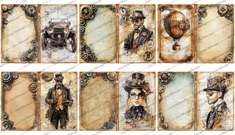 K&ouml;nnte beinhalten: Ein Satz von acht Scrapbook-Seiten im Vintage-Stil mit Steampunk-Thema. Die Seiten zeigen verschiedene Bilder, darunter ein Auto, einen Hei&szlig;luftballon, eine Uhr und eine Frau mit einem Zylinder. Die Seiten sind mit Zahnr&auml;dern, Zahnr&auml;dern und anderen Steampunk-Elementen verziert.
