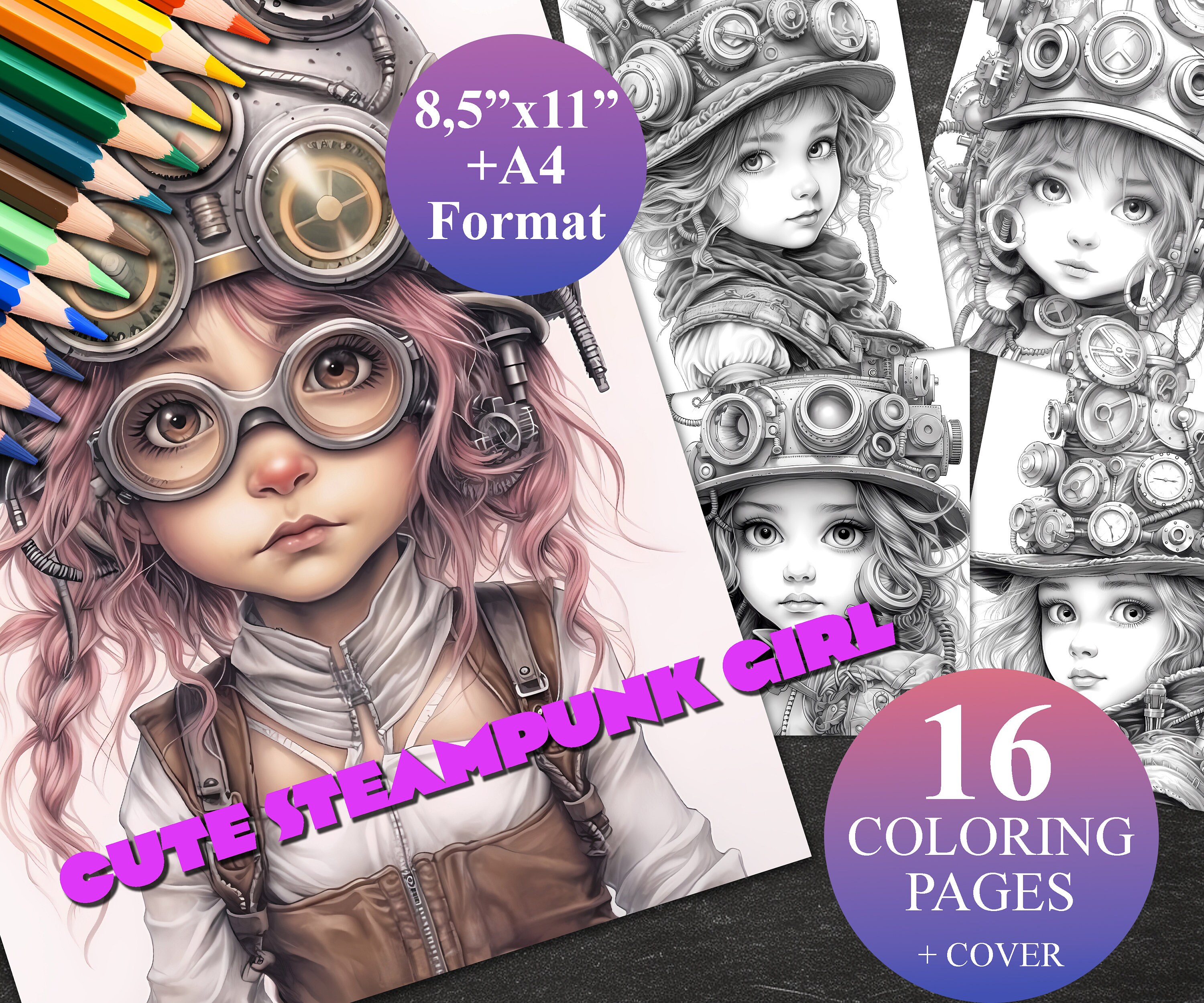 16 Cute Steampunk Girls Coloring Pages + Cover, Printable Adult ...