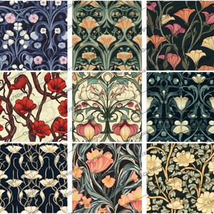 May include: A collection of 12 digital seamless patterns featuring intricate floral designs in various colors, including red, blue, yellow, and white. The patterns are perfect for creating unique backgrounds, textiles, and other creative projects.
