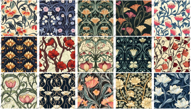 May include: A collection of 12 digital seamless patterns featuring intricate floral designs in various colors, including red, blue, yellow, and white. The patterns are perfect for creating unique backgrounds, textiles, and other creative projects.