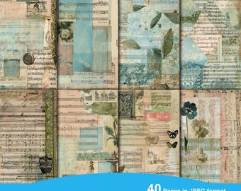 Blue and Green Collage Junk Journal Kit Digital Papers Grunge Sheets Scrapbooking Vintage Ephemera Shabby Pages Journal Instant Download
