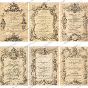 May include: A collection of ten antique-style paper prints. Each print features ornate, black and white floral and scrollwork borders, surrounding handwritten text. The paper has a vintage, aged appearance with a sepia tone.