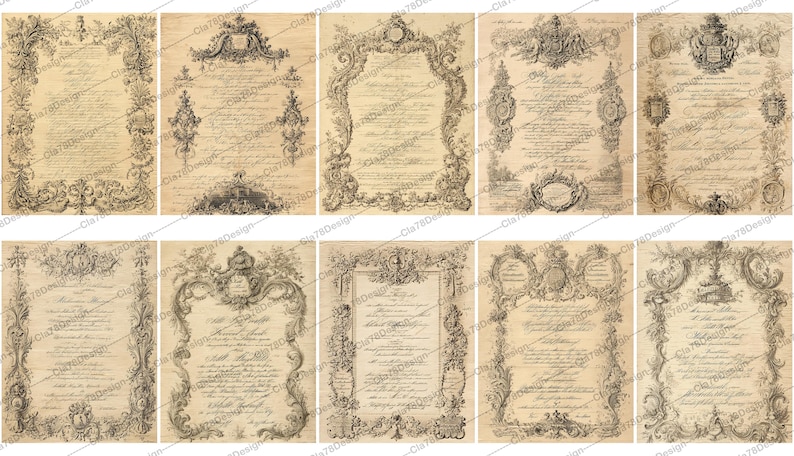 May include: A collection of ten antique-style paper prints. Each print features ornate, black and white floral and scrollwork borders, surrounding handwritten text. The paper has a vintage, aged appearance with a sepia tone.