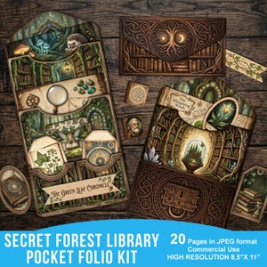 Enchanted Forest Library Pocket Folio Kit, Dark Academia Junk Journal Covers, Fairycore Ephemera, bundel kunstleer plakboek