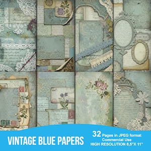 Op de afbeelding: Een collage van vintage blauwe papieren met kant, bloemen en script elementen. De papieren hebben een distressed esthetiek met postzegels en decoratieve frames. De tekst "VINTAGE BLUE PAPERS" is inbegrepen. Papierformaat 21,6 cm x 27,9 cm.