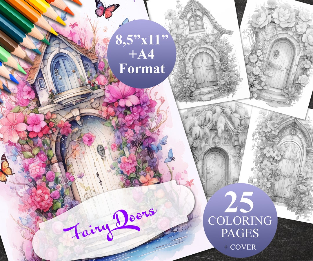25 Fairy Doors Coloring Pages + Cover, Printable Adult Coloring Book ...