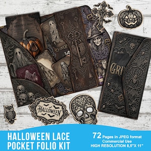 May include: A Halloween lace pocket folio kit featuring 72 pages in JPEG format, commercial use, 8.5" x 11". The kit includes dark, gothic-themed illustrations of skulls, ghosts, pumpkins, a witch, spiders, webs, keys, and text like Memento Mori and Halloween.