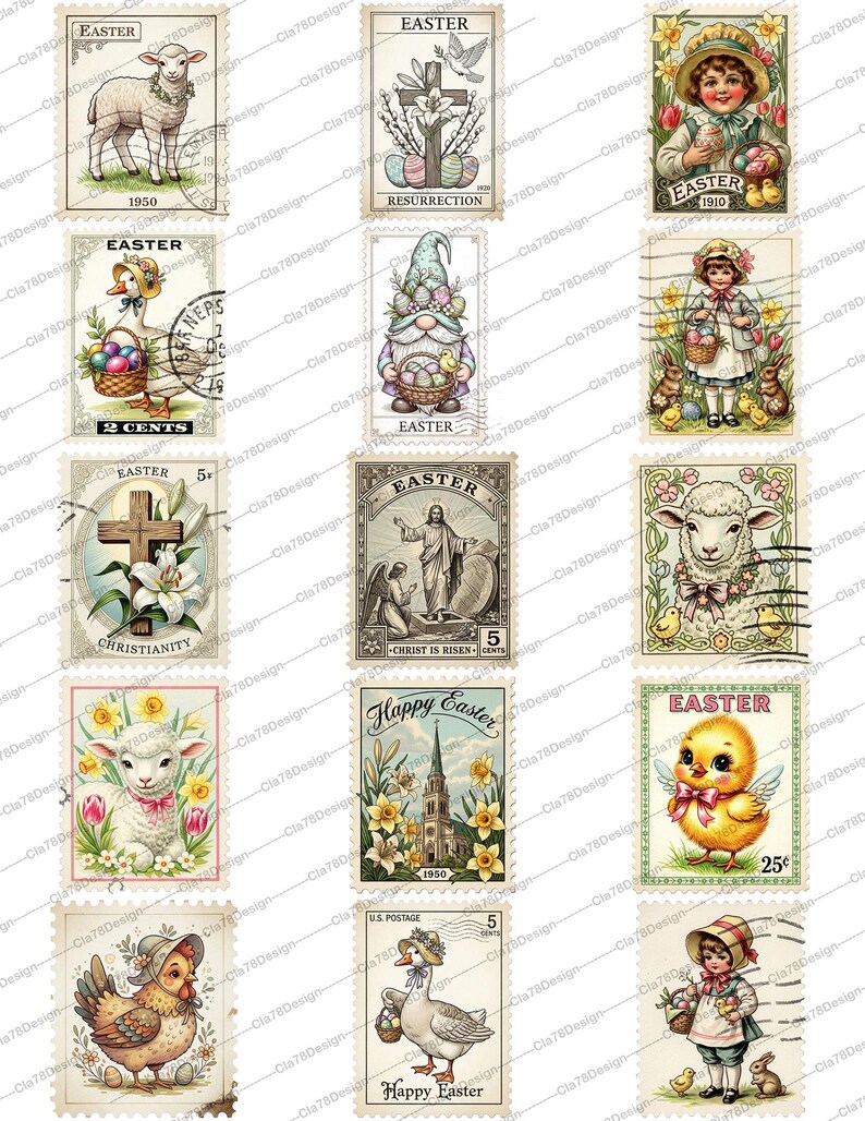 Vintage Easter Stamps Digital Download, Printable Faux Postage Ephemera ...