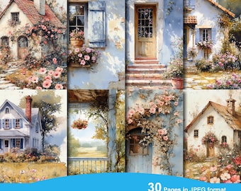 Papel de acuarela para decoupage, casa de pueblo JPEG, estilo cottagecore, uso comercial, descarga instantánea, scrapbooking para diario basura