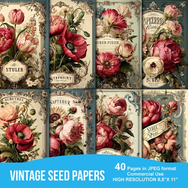Papier do pakowania nasion w stylu vintage | Zestaw do dziennika „Botanical Junk” | Kwiatowe efemerydy do druku | Antyczne strony do scrapbookingu ogrodowego | Natychmiastowe pobranie