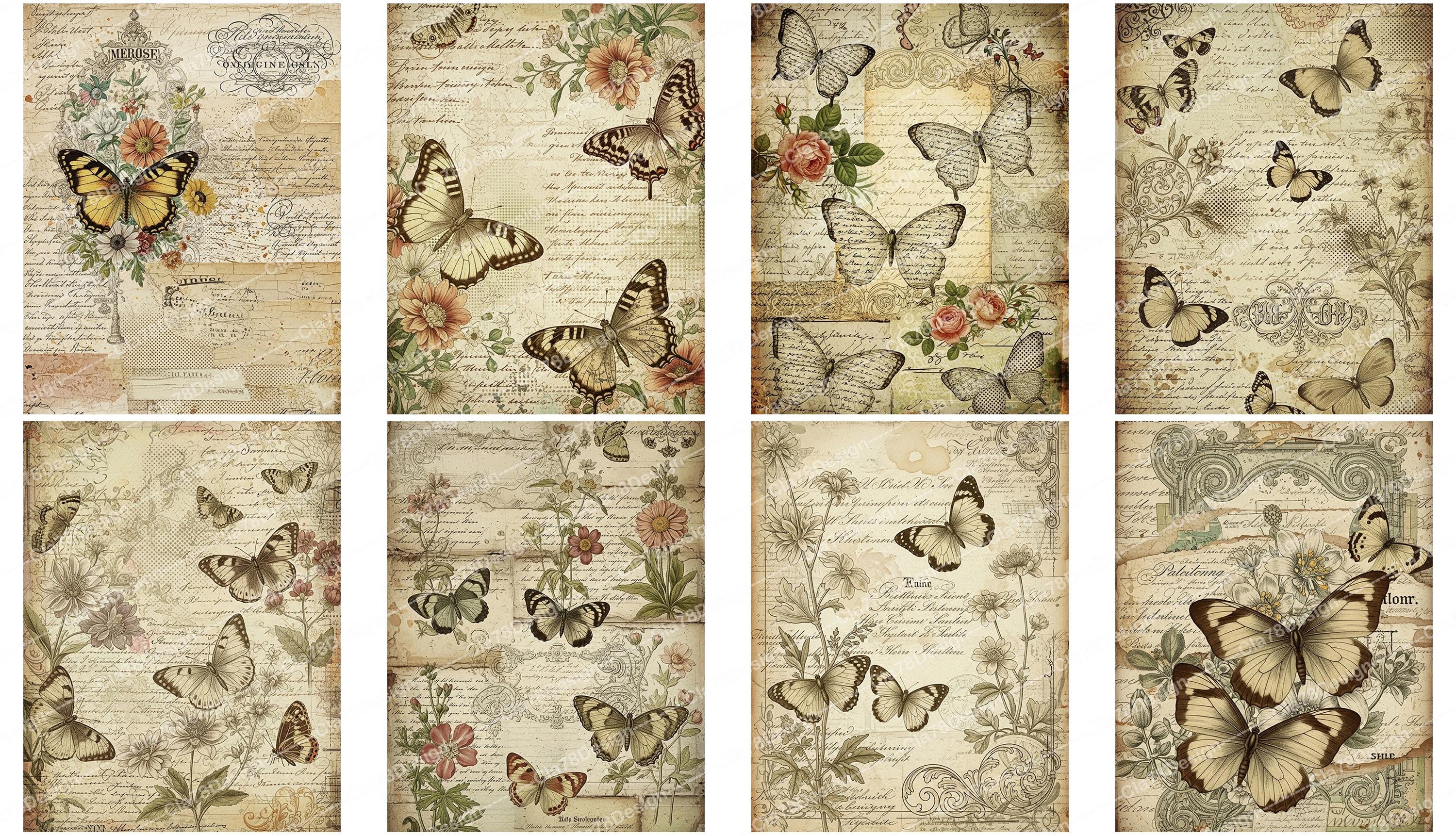 Vintage Butterfly Digital Paper, Botanical Junk Journal Pages, Grunge ...