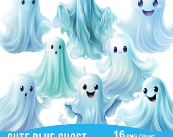 Clipart de fantasma azul lindo, Feliz Halloween, Acuarela, Fantasma lindo PNG, Clipart espeluznante, Clip Art de dulces, Uso comercial, Descarga instantánea