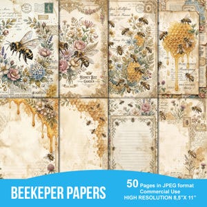 May include: A set of vintage-style papers with bee and floral illustrations. The papers feature honeycombs, bees, and botanical elements in a watercolor style. Text includes "Honey Bee Garden" and "Beekeeper Papers". The papers are 21.6 x 27.9 cm.