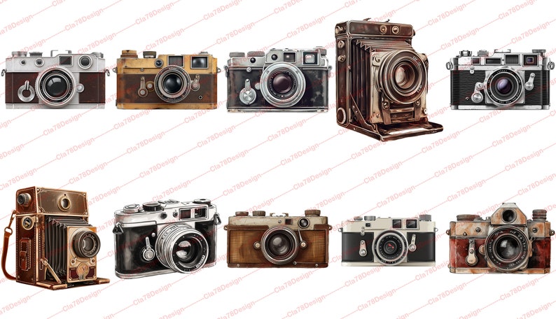 May include: A collection of ten vintage cameras in various styles and colors, including black, brown, and silver. Some cameras have leather straps and others have a more modern design.