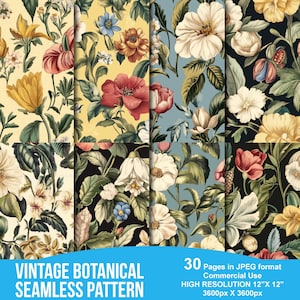 Puede incluir: Un conjunto de 30 patrones botánicos vintage sin costuras en formato JPEG. Cada patrón presenta una disposición diferente de flores y hojas coloridas sobre una variedad de fondos, incluidos amarillo, azul, negro y verde. Los patrones son de alta resolución, midiendo 12 pulgadas por 12 pulgadas, o 3600 píxeles por 3600 píxeles.