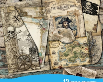 Pirate Junk Journal Folding Folio Kit, Printable Pocket Ephemera, Treasure Island Scrapbook Paper, Nautical Scrapbook