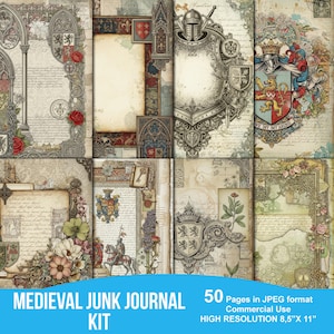 May include: A collection of medieval-themed journal pages with ornate borders, heraldic crests, and floral accents. The pages feature aged paper textures, decorative elements, and the text "MEDIEVAL JUNK JOURNAL KIT". The pages are 8.5" x 11" in size.