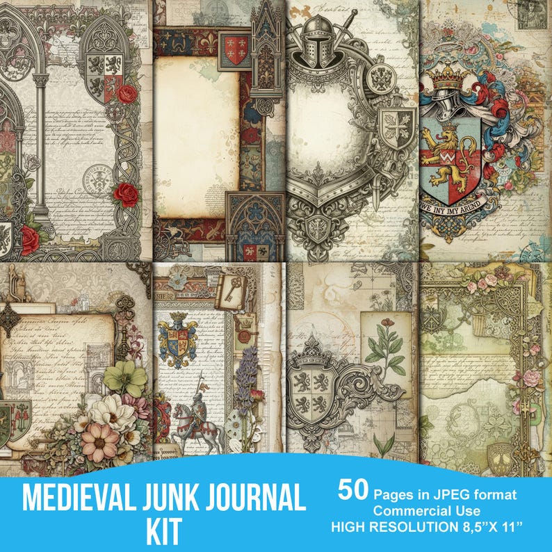 Medieval Junk Journal Kit, Vintage Knight Ephemera, Heraldry Scrapbook ...