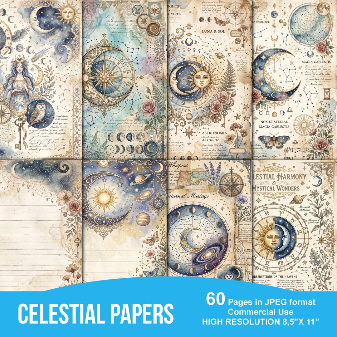 Celestial Digital Paper, Vintage Sun and Moon Junk Journal Pages ...