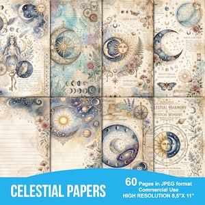 Puede incluir: Una colección de papeles de temática celestial con ilustraciones en acuarela. Los diseños presentan lunas, soles, estrellas y elementos astrológicos en tonos azules, dorados y beige. El texto "CELESTIAL PAPERS" se muestra en la parte inferior. Tamaño del papel 21,6 cm x 27,9 cm.